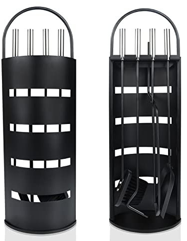 UISEBRT Set di posate per camino, in acciaio inox, set di 5 pezzi: supporto in acciaio inox con protezione per la privacy, scopa, pinze, gancio, pala per cenere (nero)