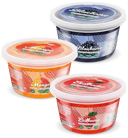 INSPIRE FOOD Popping Boba Pearls Variety Set - 3 x 450gm | Strawberry, Mango, Blueberry | Bursting Pearls Bubble | 100% Vegan & Glutenfree, No Artificial Colors