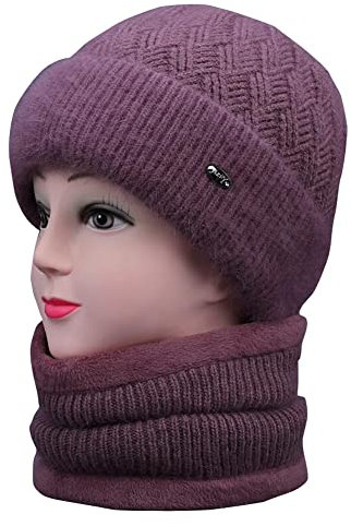 Jingyun Wintermütze mit Lätzchen für Frauen Weich gefütterte Wintermütze Kit für Erwachsene Ältere Streifenmuster Strickmütze -Helles Violett
