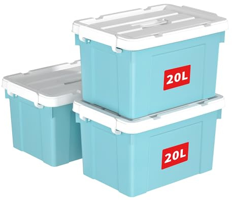 Cetomo 20L*3 Caja de Almacenamiento con Asa, Caja de Plástico con Tapa y Cierre Seguro, Contenedor de Almacenamiento, Duradera, Apilable, Resistentes, Azul, Paquete de 3 de 20L