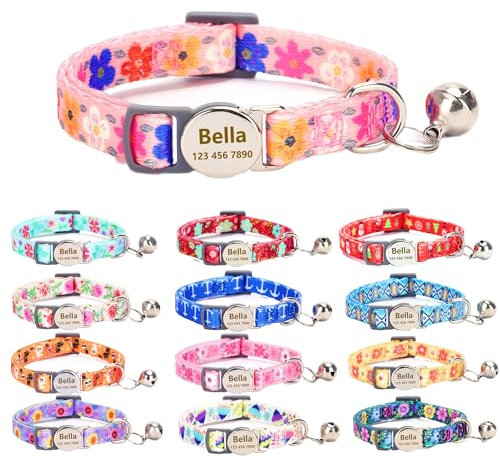 Moonpet Personalisiertes Katzenhalsband mit Namen und Telefonnummer, Katzenhalsband mit Sicherheitsverschluss und glöckchen-Sakura