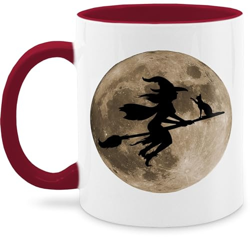 Tasse Tassen 325ml - Hexe Halloween Hexen auf Besen Vollmond Katze Witch Mond - 325 ml - Bordeauxrot - bild fliegende halloween-tasse haloween outfits mug grusel hellowee kaffeetasse gruselig