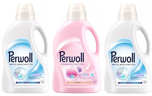 PERWOLL Flüssig-Set 3x 27 Waschladungen (81WL) 1x Für Wolle & Feines & 2x White, Feinwaschmittel glättet und erneuert Fasern & Feinwaschmittel reinigt sanft und erneuert Weiß und Fasern