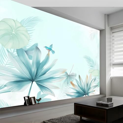 Carta da parati fotografica 3D con uccelli con foglie e strisce, colore azzurro di alta qualità, decorazione per soggiorno, camera da letto, 350 x 256 cm (larghezza x altezza), effetto 3D