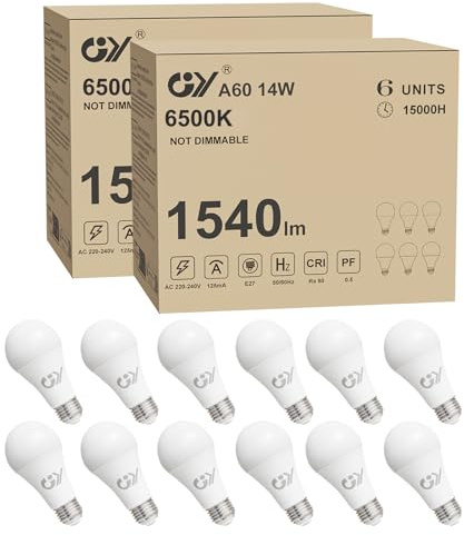 GY E27 LED Ultrahelle Energiespar Glühbirne, 14W Glühbirne E27, Ersetzt 100W lampe, A60 LED Birne 1540LM, 6500K Led Kaltweiss, 280° Abstrahlwinkel Energiesparlampe, Nicht Dimmbar, 12 Stück