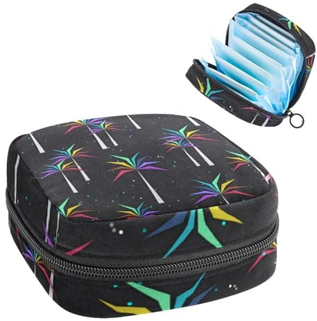 Aufbewahrungstasche für Damenbinden, Perioden-Set, Tasche für Schule, Menstruationstasse, Damenbinden, Organizer, bunte tropische Palme, Schwarz