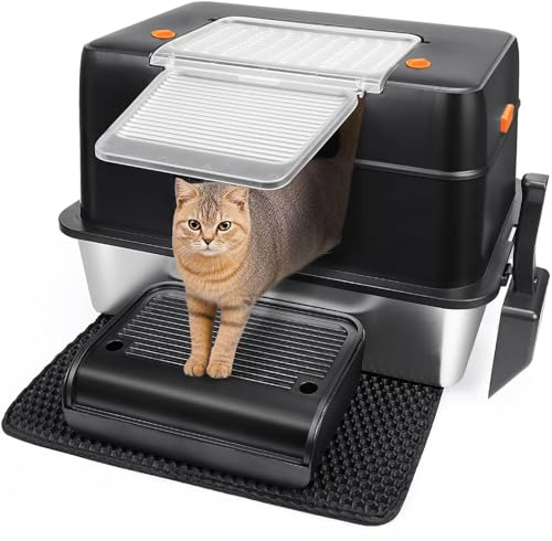 Vivifying Stainless Steel Cat Litter Tray, XXL High-Sided, Removable and Metal Enclosed Stainless Steel Cat Litter Box with Lid with Scoop, Steps and Mat (Black)