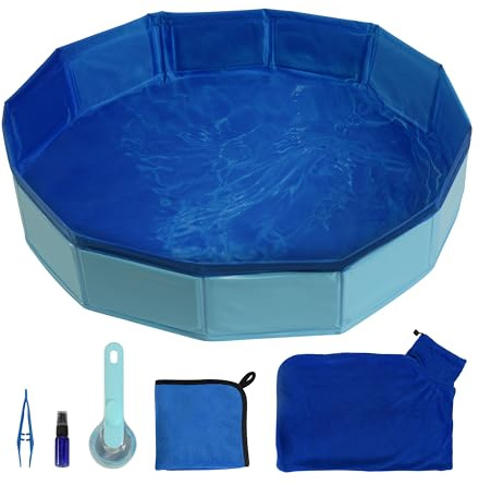 Goblfu Bearded Dragon Foldable Bath Pool with Bath Brush, Bathrobe, Towel, Spray Pot and Tweezer, for Puppy Small Dogs Cats (Blue, 6 n 1 Set)