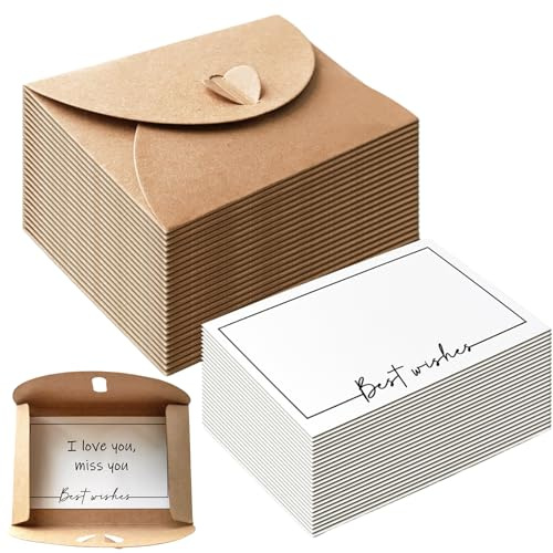50 Blatt Mini Kraftpapier Briefumschläge mit Blanko Papier Karten Weiß, Kleine Briefumschlag mit Herz Verschluss, Kleine kuvert Braun für Geschenkkarten DIY Dankeskarten Weihnachten (Best Wishes)