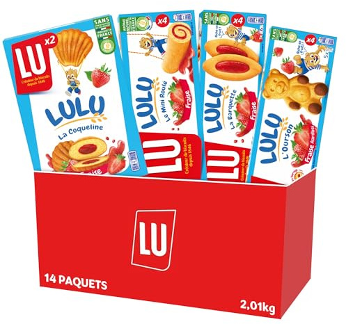 LU - La Boîte Fruité Lulu Assortiment Biscuits Gâteaux - 4 x Lulu La Barquette Pulpe De Fraise - 2 x Lulu La Coqueline Fraise - 4 x Lulu L'Ourson Fraise - 4 x Lulu Miniroulés Fraises - Lot de 2,01kg