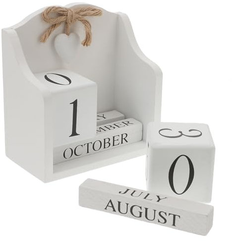 OFFSCH Ewiger Holzkalender Weiß Landhausstil Mit Manuell Einstellbarem Datum Tischkalender Für Büro Und Wohnkultur