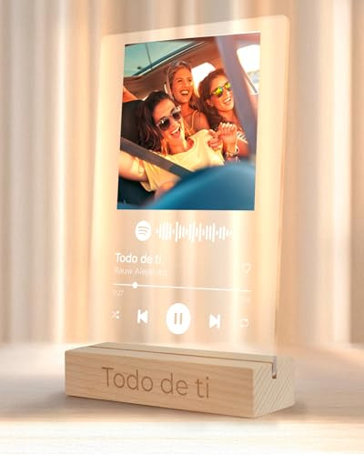 REGALOCREATIVO Placa Spotify Personalizada. Texto en Color Blanco 21x30cm. Cuadro en Metacrilato con Base de Madera. Canción, Texto e Imagen. Regalos Originales Ideales