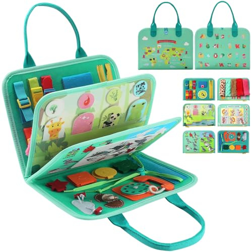 khlerox Busy Board Montessori Toy for Kids, Educational Learning Activity Sensory Board, Developing Sensory Toy for Fine Motor Skills, Travel Toy for Plane Car, Gift for Boys Girls (Green)