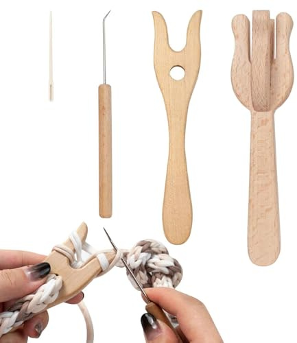Lucet Tool Strickgabel-Set, tragbar, mit großer Öhrnadel, 4 Stück Holzflechtwerkzeuge für die Teppichherstellung, Holzgabel Flechtwerkzeug und Kit