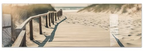 timalo Küchenbild aus Acrylglas modernes Wandbild Glasbild Deko Küche XXL Bild wie Glas | 160x50cm Holzsteg am Sandstrand – Weg durch die Dünen zum Meer, Sonnenuntergang