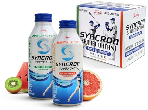 Syncron Post Workout Electrolyte Drink Endorsed by Shohei Ohtani, No Sugar, Aspartame or Artificial Sweeteners, Made with Real Fruit Juice, Taurine, L Arginine & BCAAs, Variety, 6 Pack, 16 oz