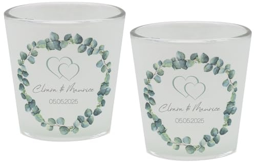 Windlicht Votiv Banderole Hochzeit Ehe Eukalyptus Herz Grün Tischdeko PERSONALISIERT 7,5cm H (je ca.7,5cm H, Ø Oben ca.7cm, Ø unten ca.4,5cm, 2, Stück)