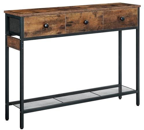 HOOBRO Schmaler Konsolentisch mit 3 Schubladen, Beistelltisch mit Metallrahmen und verstellbaren Füßen, Sofatisch im Industriestil für Flur, Wohnzimmer, Vintagebraun und Schwarz EBF83XG01