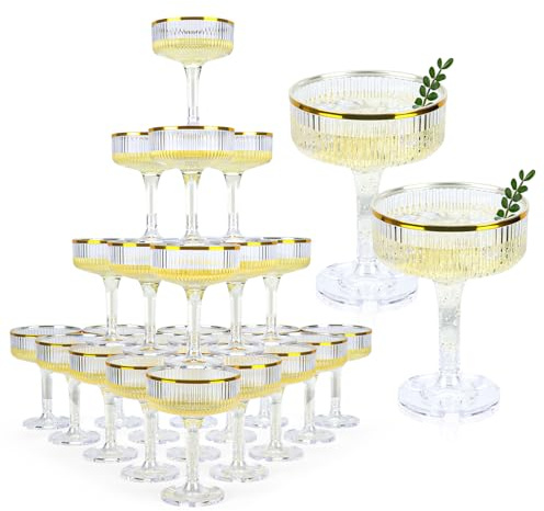 48 Pack Clear Champagne Tower 5 Oz Champagne Flutes Plastic Champagne Coupe Glasses with Gold Rim Disposable Martini Glasses Stackable Stemmed Coupe Glass for Weddings Birthday Party (48, Clear)