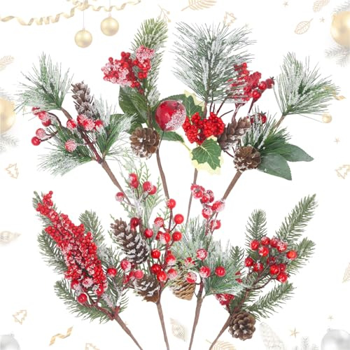 Vaskula 8 Pièces Fausse Branche de Sapin Decorative Simulation Branche Noel Branches Sapin avec des Baies Houx pour Emballage Cadeau DIY Couronnes de Noël Décoratif Vase