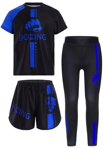 Eandarui Tuta sportiva per bambini, a maniche corte, con pantaloncini da boxe Muay Thai Kick + pantaloni Wush, pantaloni da allenamento, attrezzatura da combattimento, uniforme, blu, 158-164
