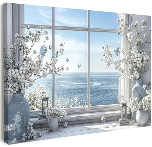 Qiukoo Canvas Wall Art Framed – Serene Blue Ocean Window View Artwork with White Flowers, Calm Coastal Style Wall Decor for Living Room, Bedroom, Hallway or Entryway, with Hooks and Nails, 12x16 Inch