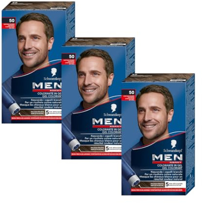 Schwarzkopf - Men Perfect - Gel Colorant Anti-Cheveux Blancs Homme - Coloration - Résultat Naturel – Application rapide et facile - Sans Ammoniaque - Châtain Clair 50 - Lot de 3
