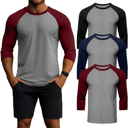 Geyoga Confezione da 3 Magliette da Uomo A Manica 3/4, Girocollo, Stile Baseball, Traspiranti E Sportive(Grigio Chiaro Nero/Grigio Chiaro Marina/Claret,L)