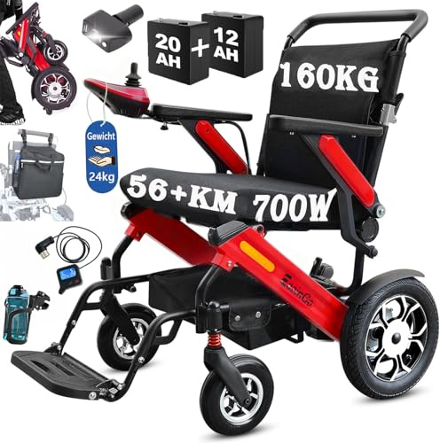 56+KM Elektro Rollstuhl für Erwachsene, 700W Faltbar Allen Gelände Rollstühle für Senioren mit 20AH & 12AH Lithium Batterie, Elektrorollstuhl bis 160KG, Hinten Steuerung Enthalten, Led Licht, Rucksack