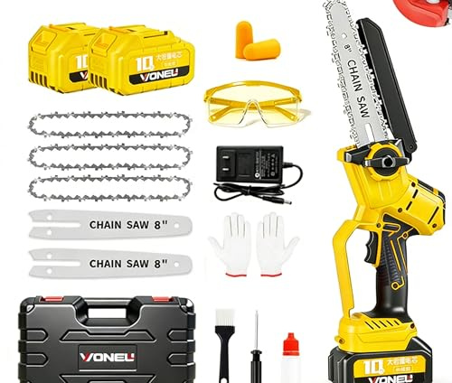Borstlös Mini Motorsåg 15 och 20 cm (6 och 8 tum) – Elektrisk Astsåg Kompatibel med DEWALT 18 V-batteri, 2 x Skiva + 3 x Kedja, Förbättrad Smörjning – Perfekt för Trädgård & Trä (Utan Batteri, Gul)