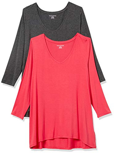 Amazon Essentials Camiseta de Manga 3/4 con Cuello en Pico (Disponible en Tallas Grandes) Mujer, Pack de 2