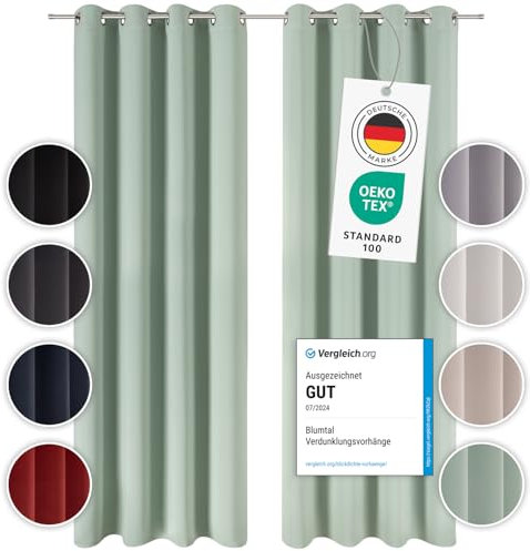 Blumtal Verdunklungsvorhänge 2er Set - Thermovorhang Hitzeschutz - Vorhang Blickdicht mit Ösen - Gardinenschals mit Schlaufen - Lärmschutzvorhang - Gardinen 265x140 cm - Vorhang Ösen - Grün
