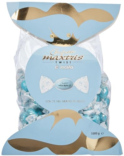 Confetti Maxtris TWIST incartati singolarmente a caramella gusto classico CIOCOMANDORLA AZZURRA 1 Kg. per Nascita, Battesimo, Comunione, Compleanno