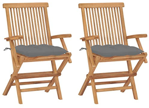 vidaXL 2X Teak Massiv Gartenstuhl mit Grauen Kissen Armlehnen Klappbar Gartenstühle Klappstuhl Klappstühle Stuhl Stühle Holzstuhl Gartenmöbel