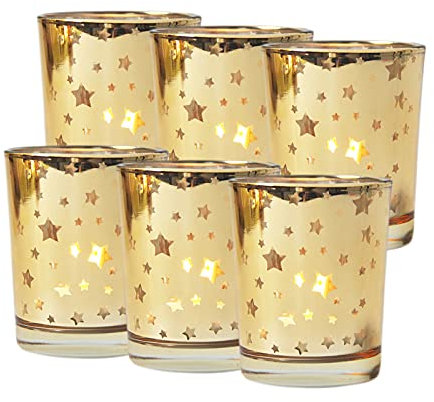 mönomöro 6er Set Teelichtgläser Windlicht, Sterne-Teelicht, Teelichtaufsatz aus Glas, Glasaufsatz für Kerzenleuchter, Gold Kerzenständer (Gold Star)