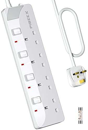 PIBEEX Extension Lead 4 Way Multi Plug Extension Sockets with Individual Switches Wall-Mounted Power Strip 5 Meter Long Extension Cord 13A Fused UK Plug 3250W