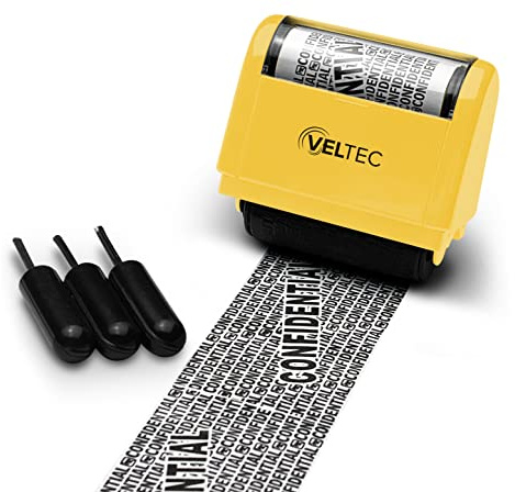 Veltec ID Protector Ink Roller - Identity Theft Protection Roller Stamp (Yellow, Stamp+3 Refills)