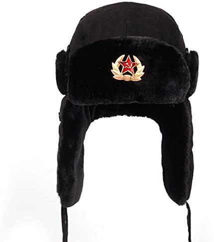 Ciamlir Russische Mütze Warm Im Herbst Und Winter Sowjetarmee Militärabzeichen Russland Bombermützen Pilot Trapper Fliegermützen, Schwarz, Einheitsgröße