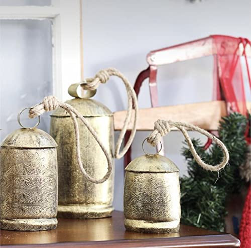 Rustikale Glücksdose aus Metall mit Kuhglocken, handgefertigt, Set mit 3 riesigen Harmonie-Kuhglocken, riesige Glocken auf Seil, Weihnachtsdekoration, rustikale Vintage-Heimdekoration, Geschenke