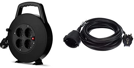 REV 008818114 Kabeltrommel, Kabelbox 4-fach, 5m, Überhitzungsschutz, schwarz & 0016050514 Verlängerung, Verlängerungskabel mit Winkelstecker 5m, 3680W, schwarz