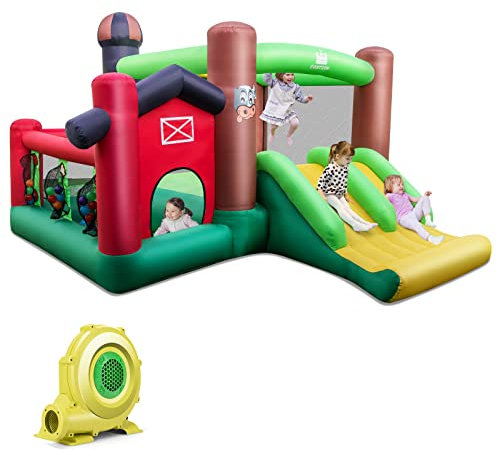 COSTWAY Hüpfburg mit Gebläse, Doppelrutschen, aufblasbares 6-in-1-Hüpfschloss im Bauernhof-Stil mit Bällebad, Basketballkorb, Wurfspiel, für Kinder, 356 x 330 x 220 cm