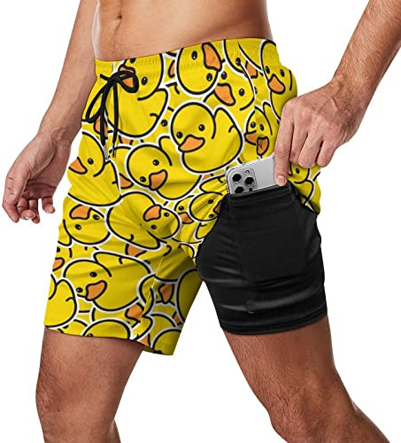 XVBCDFG Short de bain en caoutchouc jaune motif canard pour homme avec doublure de compression, short extensible pour le surf, la plage, le sport, Comme indiqué sur la photo, S