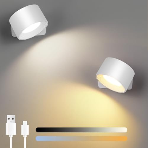 Birnetek® LED Wandleuchte Innen 2 Stück,Wandlampe Ohne Stromanschluss,3 Helligkeitsstufen 3 Farbmodi Akku Wandlichter,360° Drehbare Touch Control Leuchten für Wohnzimmer Treppen Schlafzimmer (Weiß)