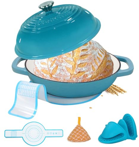 Enameled Cast Iron Bread Oven, 6 Quart Dutch Oven for Bread Sourdough Baking, 11 Thick Enamel Bread Baking Pan Kit with Lid for Stews, Roasts and Gifts for Family, Teal