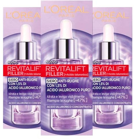 L'Oréal Paris Revitalift Filler Gesichtsserum Anti-Falten-Formel mit 1,5% Hyaluronsäure, Konzentrat mit feuchtigkeitsspendender Wirkung, glättend, Anti-Aging, 3 Flaschen à 50 ml