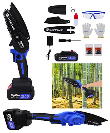 Mini Motosierra Bateria, Motosierra Sin Cable de 4 Pulgadas con 1 Baterías y 2 Cadenas, Motosierra Eléctrica Portátil de 21V con Una Sola Mano para Podar Jardinería