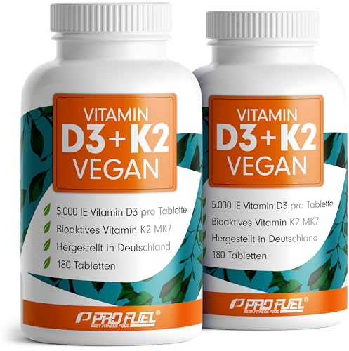 Vitamin D3 K2 VEGAN - 360 Tabletten mit 5000 IE D3 + 200 mcg K2 (MK7) - Vitamin D3 hochdosiert und vegan - Vorratspackung - laborgeprüft mit Zertifikat - 2x 180 Tabletten