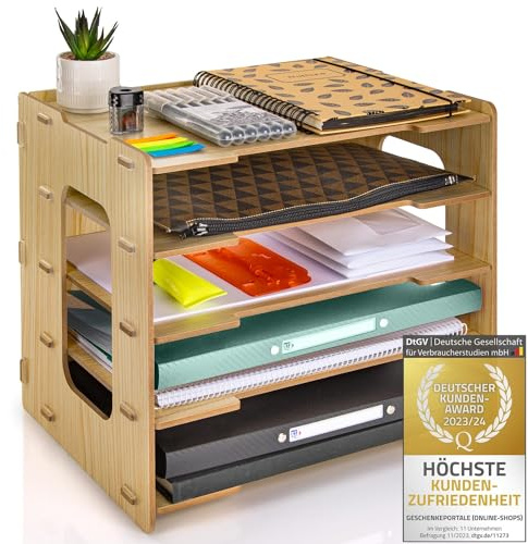 Dimono® Dokumentenablage A4 mit 5 Fächern Schreibtisch Ablagesystem | Schluss mit Chaos, flexible ausziehbare Einlegeböden, Bambus Holz, DIN A4 Papierablage, ideal als Briefablage Organizer