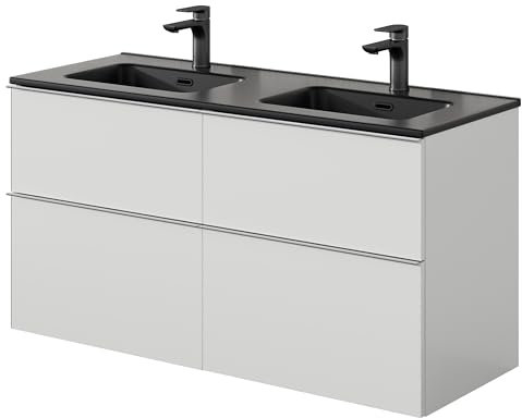 Bernstein Badmöbel-Set Lavoa 120cm bestehend aus Doppel-Waschbecken und Unterschrank mit 4 Schubladen, Waschbeckenunterschrank in Weiß matt, Griff in Chrom- 5 Jahre Garantie - Waschtisch in Schwarz