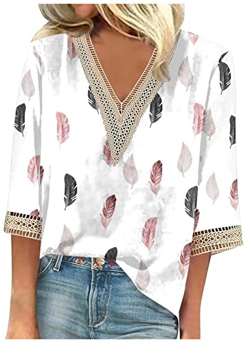 Generic Blouse Chic Et Élégant Chemisier Femme Manche 3/4 Tunique Chic T-Shirt Ete Fluide Blanc 3XL